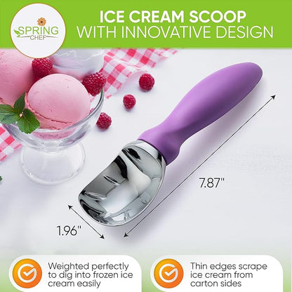 Spring Chef Metal Ice Cream Scoop with Comfortable Handle, Heavy Duty Sturdy Ice Cream Scooper Spoon for Cookie Dough, Frozen Yogurt, Gelato, Sorbet, Sundae, Melon - Dishwasher Safe - Orchid