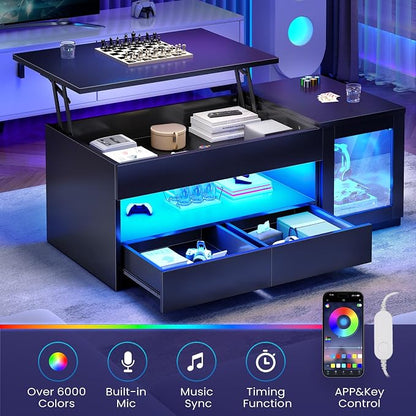 Itaar 39.4" Lift Top Coffee Table with 2 Drawers, Modern LED Coffee Tables for Living Room, Coffee Table with Glass Storage Cabinet, Black