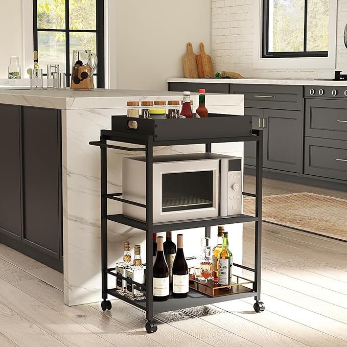 3 Tier Kitchen Cart, Rolling Bar Cart for Tea, Coffee, Liquor, and Drink Service with Removable Serving Detachable Server, Black