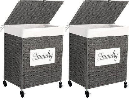 Mxfurhawa Laundry Basket, Heavy Duty Cotton Liner Laundry Storage Hamper with Handles, Collapsible Clothes Wire Basket Organizer Laundry Bag (2PCS-89GY-H)