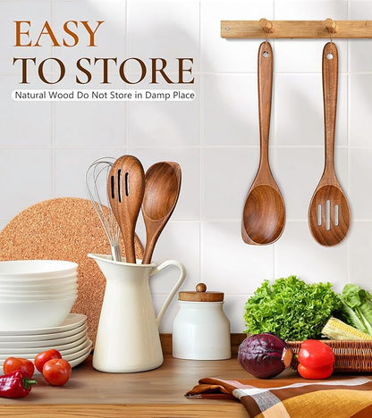 2Pcs Wooden Spoons for Cooking, Natural Premium Teak Wood Corner Spoon & Slotted Spoon, Good Grip Large Cooking Spoons Spatula, Heat Resistant Wooden Kitchen Cooking Utensils Set for Nonstick Cookware