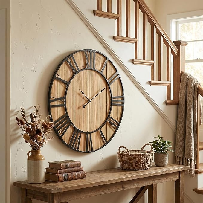 EMAX HOME Large Farmhouse Wall Clock 30 Inch Vintage Brown Wooden Wall Clock with Quiet Ticking and Minimalist Roman Numerals for Bedroom Living Room Office Kitchen Home Decor, Battery Operated