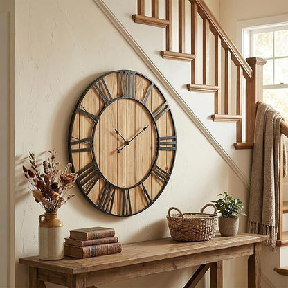 EMAX HOME Large Farmhouse Wall Clock 30 Inch Vintage Brown Wooden Wall Clock with Quiet Ticking and Minimalist Roman Numerals for Bedroom Living Room Office Kitchen Home Decor, Battery Operated