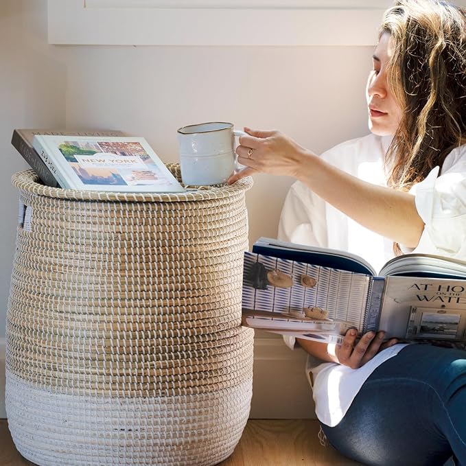Laundry Baskets Hamper with Removable Laundry Bag, 2 Pack Pure Handwoven Storage Basket, Natural Seagrass Decorative Clothes Hamper for Living Room household, Toy Blanket Plant Organization