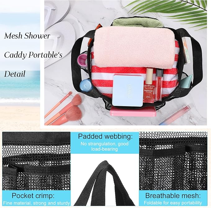 Hillban 4 Pcs Mesh Shower Caddy Portable Shower Caddy for Dorm Beach Mesh Bags with Deeper 8 Pockets and Handles Showers Caddies Basket for Women College Room Vacation(Black)