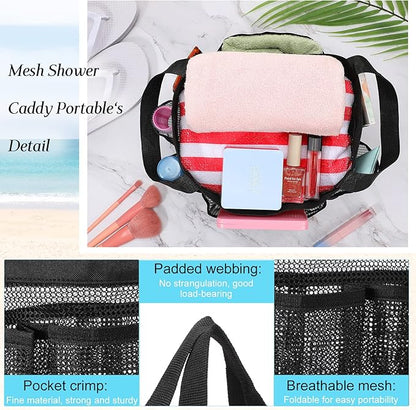 Hillban 4 Pcs Mesh Shower Caddy Portable Shower Caddy for Dorm Beach Mesh Bags with Deeper 8 Pockets and Handles Showers Caddies Basket for Women College Room Vacation(Black)