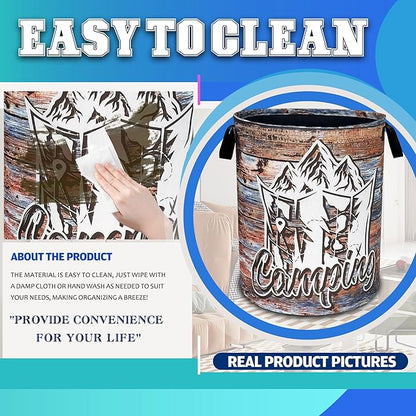 Camping Laundry Basket Oxford Cloth Funny Mountain Camper Laundry Hamper With Handle Foldable Portable Clothes Storage Basket 18.9 X 16.5 Inch Storage Bag For Laundry Room/Bathroom/Bedroom/Dormitories