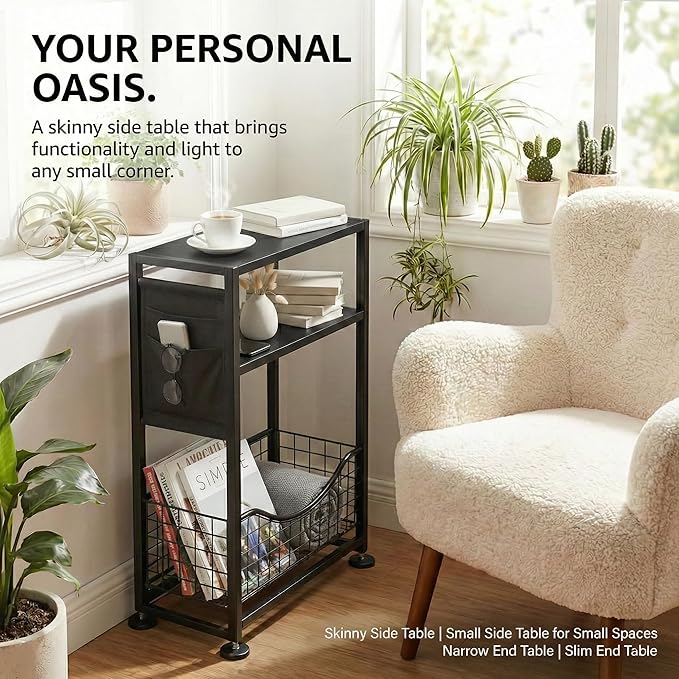 Skinny Side Table with Storage, 3 Tier Slim Side Tables for Small Spaces, Skinny End Table Narrow Bedside Table Narrow Side Table for Living Room, Bedroom