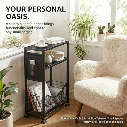 Skinny Side Table with Storage, 3 Tier Slim Side Tables for Small Spaces, Skinny End Table Narrow Bedside Table Narrow Side Table for Living Room, Bedroom