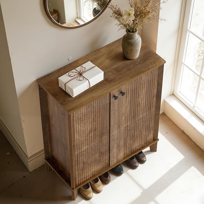 LITTLE TREE Shoe Cabinet with Doors, 5-Tier Shoe Cabinet for Entryway, Modern Farmhouse Entry Way Shoe Storage Cabinet with 3 Adjustable & Removable Shelves for Entrance, Living Room, Rustic Brown