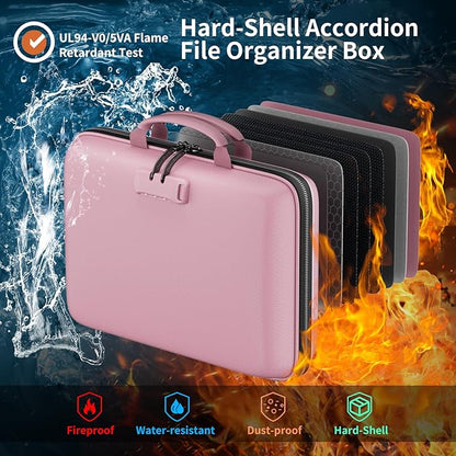 DocSafe Fireproof File Organizer with Lock, Hard-Shell Case Fireproof Document Box with 13 Pocket Accordion File Folder, Portable Home Office Travel Safe Storage for Important Documents Laptop Pink
