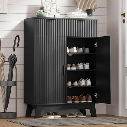 Shoe Cabinet Storage for Entryway with Doors, 4 Tier Fluted Shoe Organizer with 2 Drawers, Entryway Shoe Storage with Adjustable Shelves, Freestanding Hidden Shoe Rack for Front Door Entrance, Black