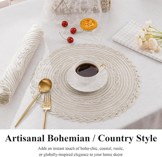 SHACOS Boho Round Placemats Set of 8 Braided Border Round Place Mats 15 inch Washable Dining Table Mats for Home Wedding Holiday Party (Ivory Bordered, 8)