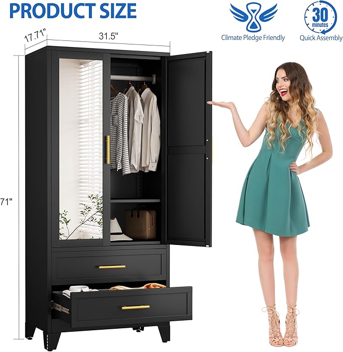 Steel Armoire Wardrobe Closet with Mirror, 71" Metal Clothes Storage Cabinets with 2 Doors, 1 Adjustable Shelf, 2 Drawers, Metal Wardrobe Cabinet with Hanging Rod for Bedroom, Gym, Cloak(Black)