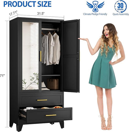 Steel Armoire Wardrobe Closet with Mirror, 71" Metal Clothes Storage Cabinets with 2 Doors, 1 Adjustable Shelf, 2 Drawers, Metal Wardrobe Cabinet with Hanging Rod for Bedroom, Gym, Cloak(Black)