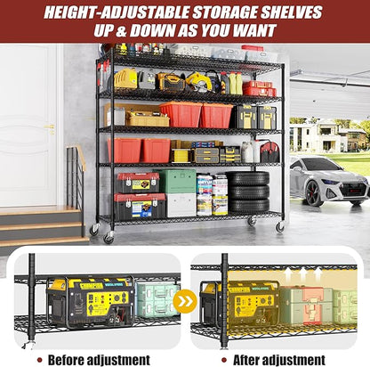 PrimeZone 5 Tier 80.7" Hx55.5 Wx24 D Wire Shelving with Wheels 3000lbs NSF Certified Storage Shelves Heavy Duty Metal Shelf Adjustable Rolling Rack Commercial Garage Restaurant Warehouse Kitchen 4Pcs