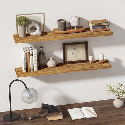 Rustic Wood Floating Shelves for Wall Decor, Reclaimed Elm Wood Live Edge Shelves 48 Inch Long, 8 Inch Deep Floating Shelf for Living Room Bathroom Bedroom, 48 x 8 Wall Shelves Set of 1, Natural Color