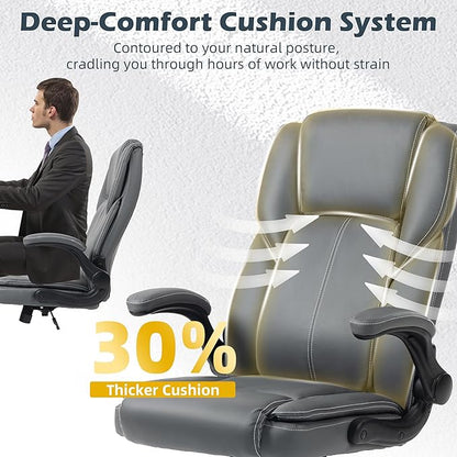 Office Chair - Executive Leather High Back Office Desk Chair with Rocking Function - Ergonomic Breathable Comfortable Wide Swivel Rolling Gaming Computer Chair with Flip-up Armrests & Lumbar Support