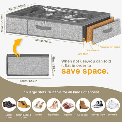 homyfort 32 Pairs Shoe Organizer Under Bed, Underbed Shoe Storage Boxes Bins, Organizador De Zapatos, Extra Large Zapateras Organizer, Grey, Set of 2