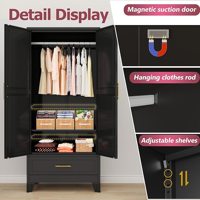 Steel Armoire Wardrobe Closet, 71" Household Wardrobe Cabinet with 2 Doors, 1 Adjustable Shelf and 1 Drawers, Metal Clothing Storage Cabinet with Hanging Rod for Bedroom, Cloak Room,Gym(Black)