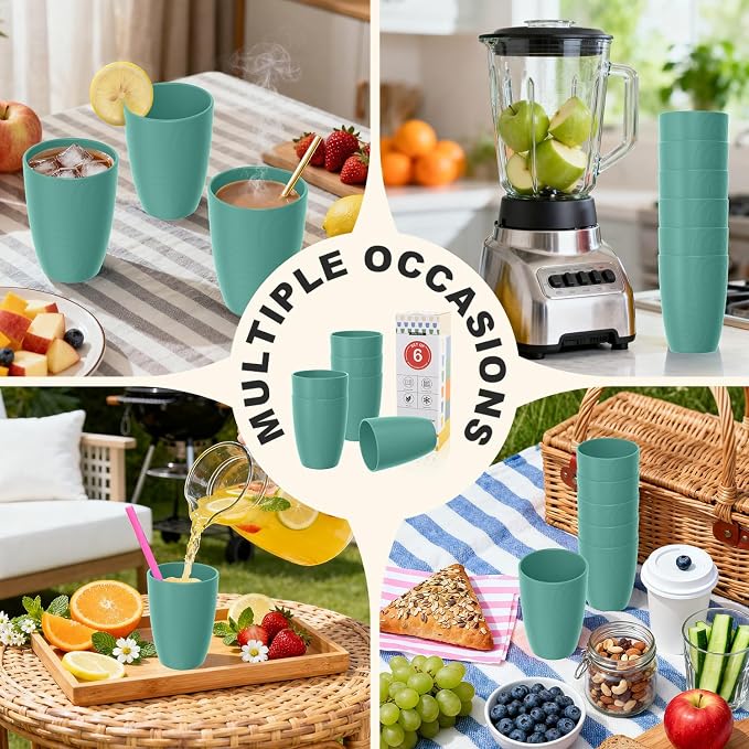 Reusable Wheat Straw Cups 6 PCS, Unbreakable 16 OZ Plastic Cup Alternative, Dishwasher Safe Drinking Glasses for Indoor & Outdoor Use, Green
