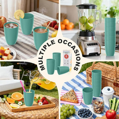 Reusable Wheat Straw Cups 6 PCS, Unbreakable 16 OZ Plastic Cup Alternative, Dishwasher Safe Drinking Glasses for Indoor & Outdoor Use, Green