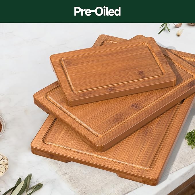 3-Piece Set Bamboo Cutting Board for Kitchen - Crack-Resistant Wood Chopping Boards with Deep Juice Grooves, Pre-Oiled Butcher Block for Meat, Vegetables & Cheese, Carbonized