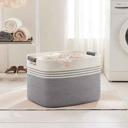 SunNewt 100L Extra Large Laundry Basket with Leather Handles for Living Room Storage, Woven Rope Baskets for Blanket, Kids Toy, Gifts, Wicker Hamper for Bedroom Dirty Clothes, 24"x16"x16" White Grey