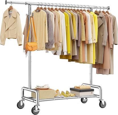 Raybee Heavy Duty Clothes Rack 75" Extra Wide, 450 LBS Clothing Rack with 4 Hooks, Lockable Wheels, Metal Garment Rack for Bedroom, Laundry Room, Commercial