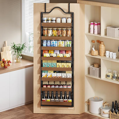 8-Tier Pantry Door Organizer, Over the Door Pantry Organizer with Wooden Adjustable Baskets, 2 IN 1 Spice Rack Wall Mount or Door Organizer, Door Spice Rack for Pantry（72.6×17.1×5.1in,Black)