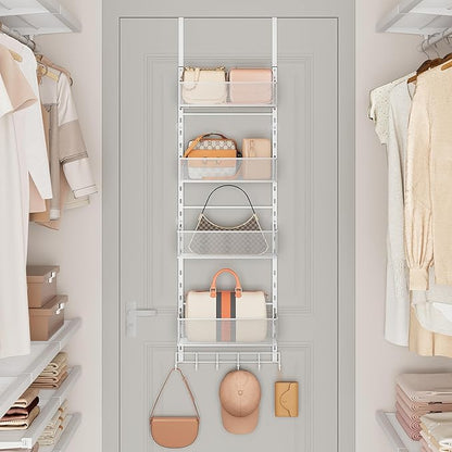 SWTYMIKI Over The Door Purse Organizer - Wall Mounted Purse Rack with 4 Adjustable Metal Basket and 6 Hooks, Hanging Bag Rack for Handbag Organizer, Bag Storage Can Use As 1/2 Part, for Door, Closet