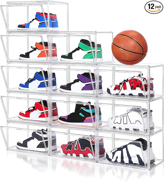 BVBOX 12 Pack Acrylic Shoe Storage Boxes with Magnetic Door - 360° Clear Stackable Shoe Display Box Set, Plastic Shoe Cabinet Rack Box for Sneakers Heels Shoes (12, Clear, XL - Side Open)