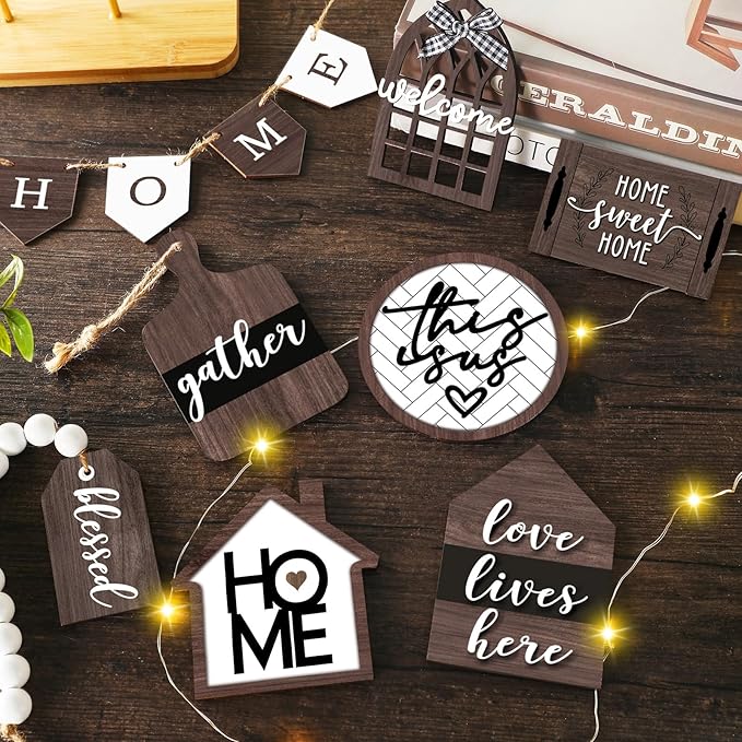 11 Pcs Home Tiered Tray Decor Spring Rustic Farmhouse Tiered Tray Decorations Set Home Wooden Signs Vintage Farm Animal Farmhouse Tabletop Wood Signs for Kitchen Table Shelf Decor