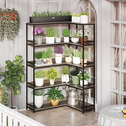 Giantex 5-Tier Corner Bookshelf, 71" L-Shaped Bookcase, Tall Etagere Bookshelf with Metal Frame, Industrial Open Display Shelf, Vertical Storage Rack for Living Room, Study, Office (Oak)