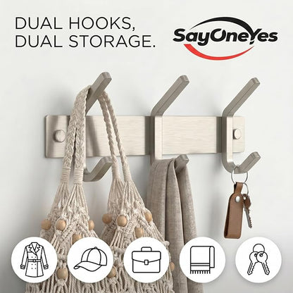 Small Coat Rack Wall Mount – Brushed Nickel 9 Inch Stainless Steel Hook Rail with 3 Heavy Duty Double Coat Hooks – Wall Mounted Coat Hanger for Entryway, Bathroom, Bedroom, Towel, Hat Organizer
