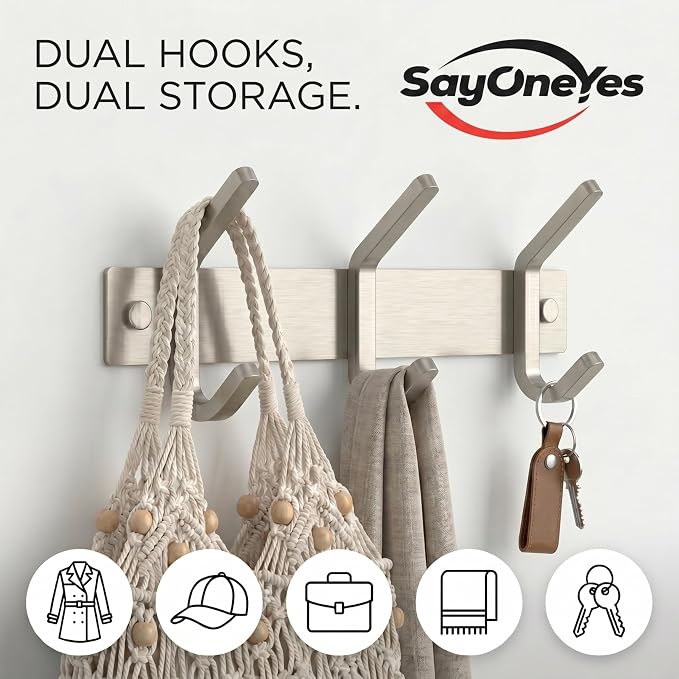Small Coat Rack Wall Mount – Brushed Nickel 9 Inch Stainless Steel Hook Rail with 3 Heavy Duty Double Coat Hooks – Wall Mounted Coat Hanger for Entryway, Bathroom, Bedroom, Hat Organizer - 2 Pack