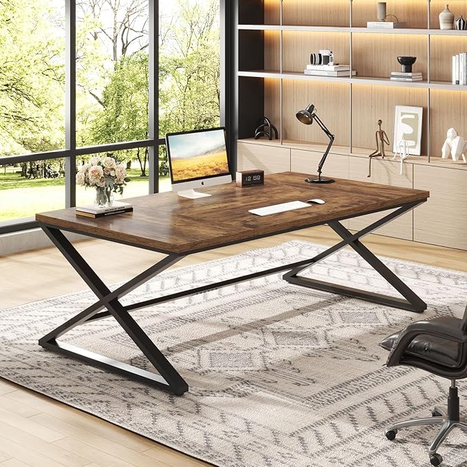 IBF 70.8" Rustic Computer Desk, Extra Long Wood Office Desk for Home, Industrial Metal Large Work Study Writing Table, Dual Monitor Pc Workstation Computer Table for Two Person, Rustic Brown