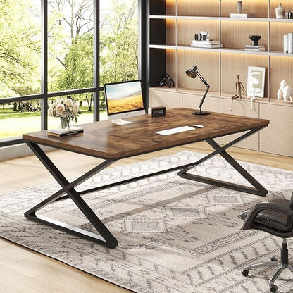 IBF 70.8" Rustic Computer Desk, Extra Long Wood Office Desk for Home, Industrial Metal Large Work Study Writing Table, Dual Monitor Pc Workstation Computer Table for Two Person, Rustic Brown