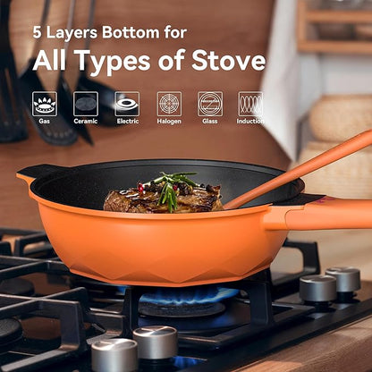 TIBORANG 8 in 1 Multipurpose 11 Inch 5 Quart Heat Indicator Nonstick Deep Frying Pan with Glass Lid,Stay-cool Handle,Steamed Grid,PFOA-Free,Dishwasher&Oven Safe,Works with All Stovetops(Tangerine)