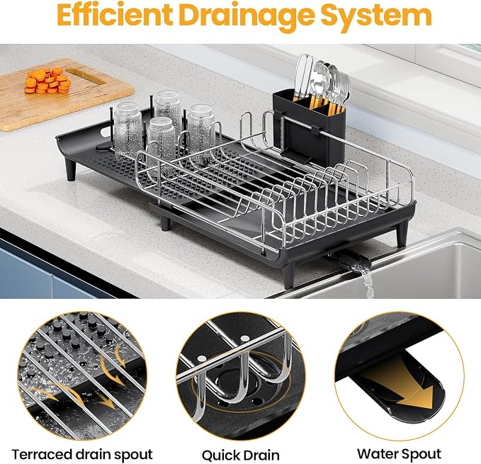 TOOLF Expandable Dish Rack, Dish Drying Rack for Kitchen Counter, Foldable Dish Dryer Rack, Stainless Steel Dish Drainer Racks with Cutlery Holder, Collapsible Dish Drying Racks Large Size,Black