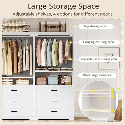 IRONCK Freestanding Closet System with 3 Wood Drawers, Modern Armoire Wardrobe with Adjustable Shelves & Hanging Rod, Walk-in Closet Systems Organizer for Small Closet, 31.5" White