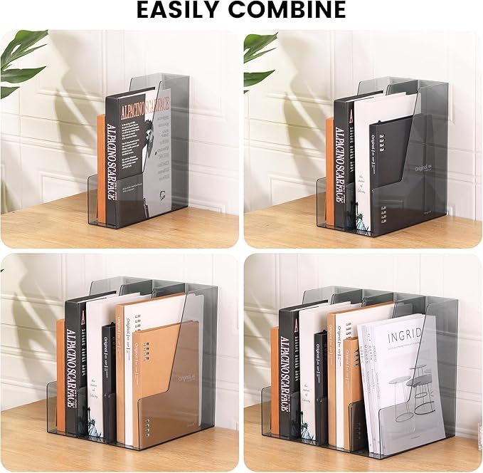 CiWiVOKi Vertical File Holder, PET Desk Organizer and Storage Bins Holding for Magazines, Binders, Notebooks, Envelopes, Papers, Multi-purpose Plastic Document Organizer for Home Office, Black, 4 Pack