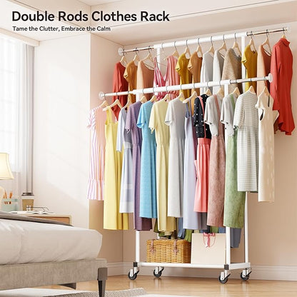 SUFAUY Double Rod 80" Tall Rolling Clothing Garment Rack for Hanging Dresses Clothes, with Caseter Wheels & Adjustable Rod & Shelves, White