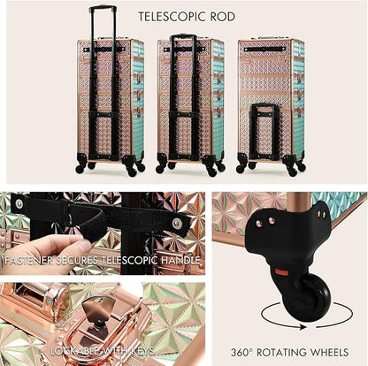 Stagiant Rolling Makeup Case Cosmetology Case on Wheels 4 in 1 Large Cosmetic Organizer Train Case Makeup Travel Case with Key Swivel Wheels Nail Artist Salon Storage Traveling Cart Trunk Rose Gold