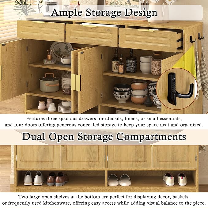 Sideboard Cabinet with 3 Drawers, 59.1" Multi-Functional Sideboard Buffet Cabinet with Storage, Buffet Table with Adjustable Shelf for Dining Room, Living Room, Entryway, Natural
