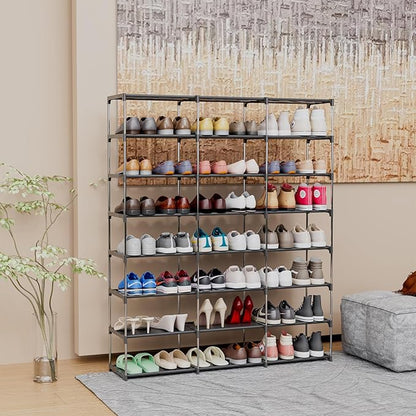 SMILHELTD Large Shoe Rack 3 Row 8 Tier for Entryway Organizer 48 Pairs, Tiered Sneaker Shelves with Dust-Proof Mats, Space Saving Storage for Garage Closet, DIY Assembly, 49.2" W x 50.8" H