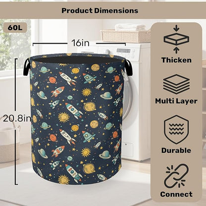 Cartoon Planet Space Foldable Canvas Laundry Basket with Handles - Toy Organizer, Heavy Duty for Home，Bedroom, Dorm, Bathroom