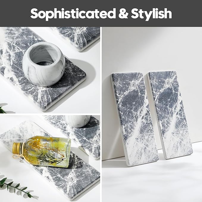 Razborci 2PCS Bathroom Sink Vanity Trays, Water Absorbing Diatomite Stone Quick Drying Mat for Kitchen Counter, Dish Rack Dispenser Sponge Holder Caddy Organizer, Marble Crack, 9"x3.5"