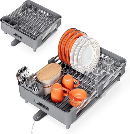 Urackify Stainless Steel Dish Drying Rack - Dish Drainer for Kitchen Counter, Extendable Drainboard with Foldable, Space-Saving Cup & Bowl Organizer, Includes Knife and Utensil Holder, Gray