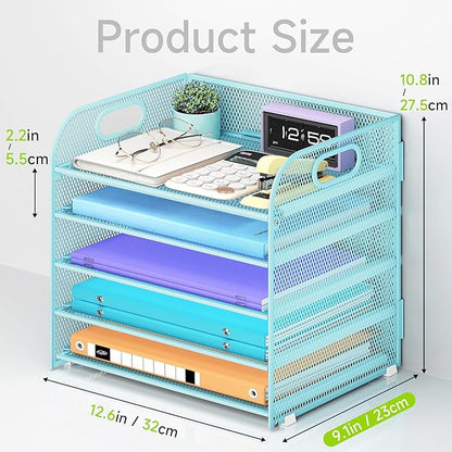5 Tier Paper Organizer with Handle, Blue Metal Mesh Desk Organizer File Folder Paper Letter Tray Desktop Document Sorter for Classroom, School, Office Accessories Organization and Storage